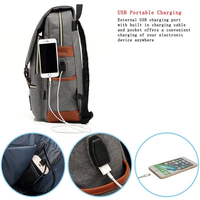 UGRACE حقيبة ظهر لابتوب UGRACE، رمادي، للجنسين، قسم لابتوب 15.6 بوصة، 6 أقسام، منفذ شحن USB، حزام كتف قابل للتعديل، حزام جلد PU - Image 3
